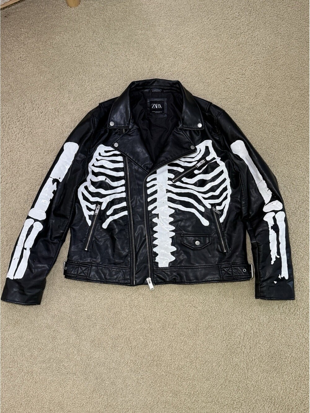 ZARA XXL Black Biker Jacket Custom Hand Painted Skeleton Halloween
